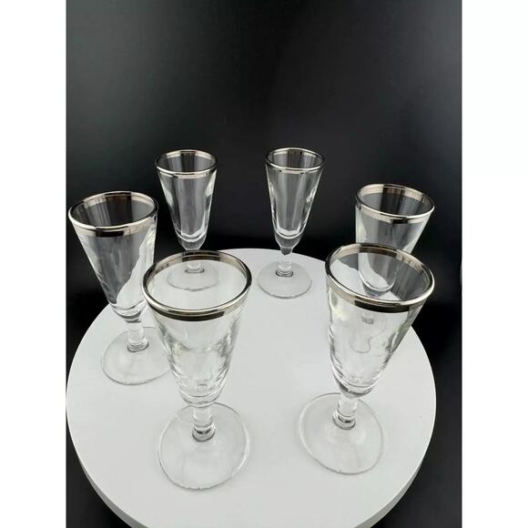 Mid Century Silver-Rimmed Shot/Liquor Glasses - Set of 6 - Picture 1 of 3